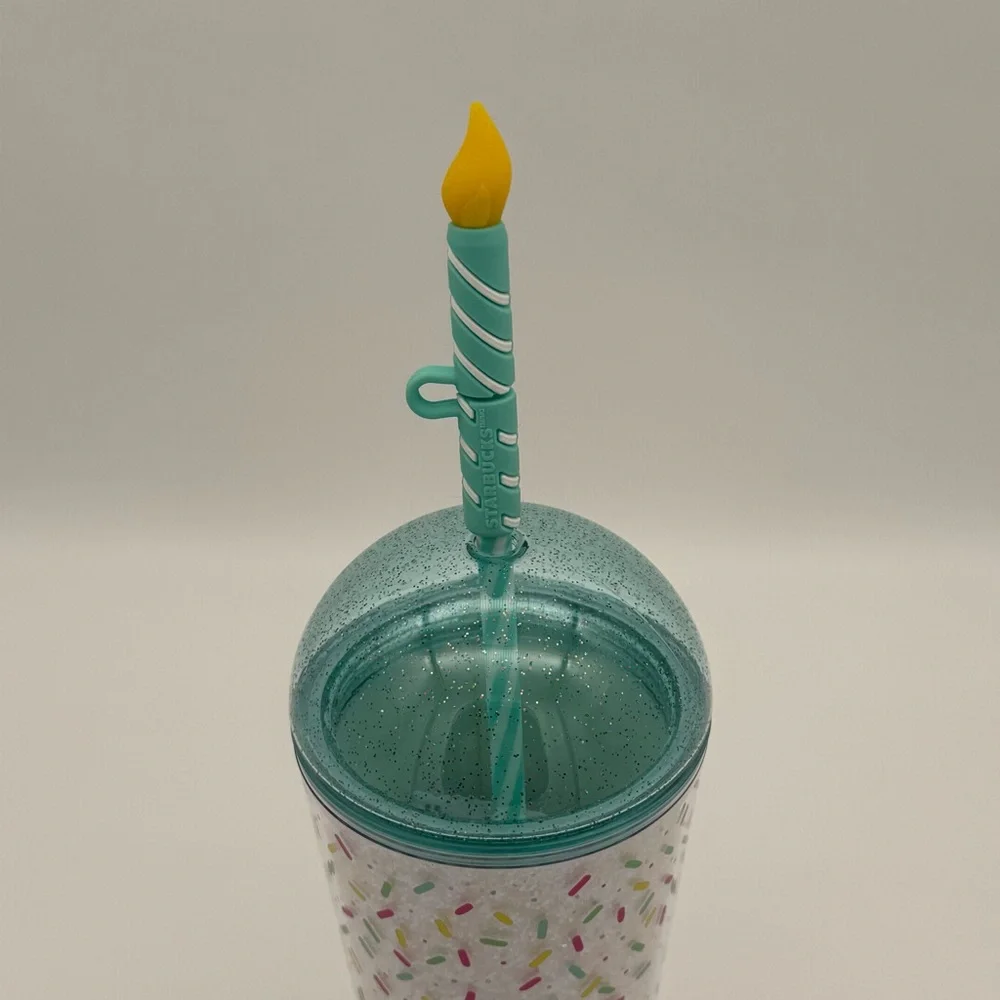 Starbucks Glitter Confetti Birthday Cold Cup Dome Lid & Candle Straw Topper NWT